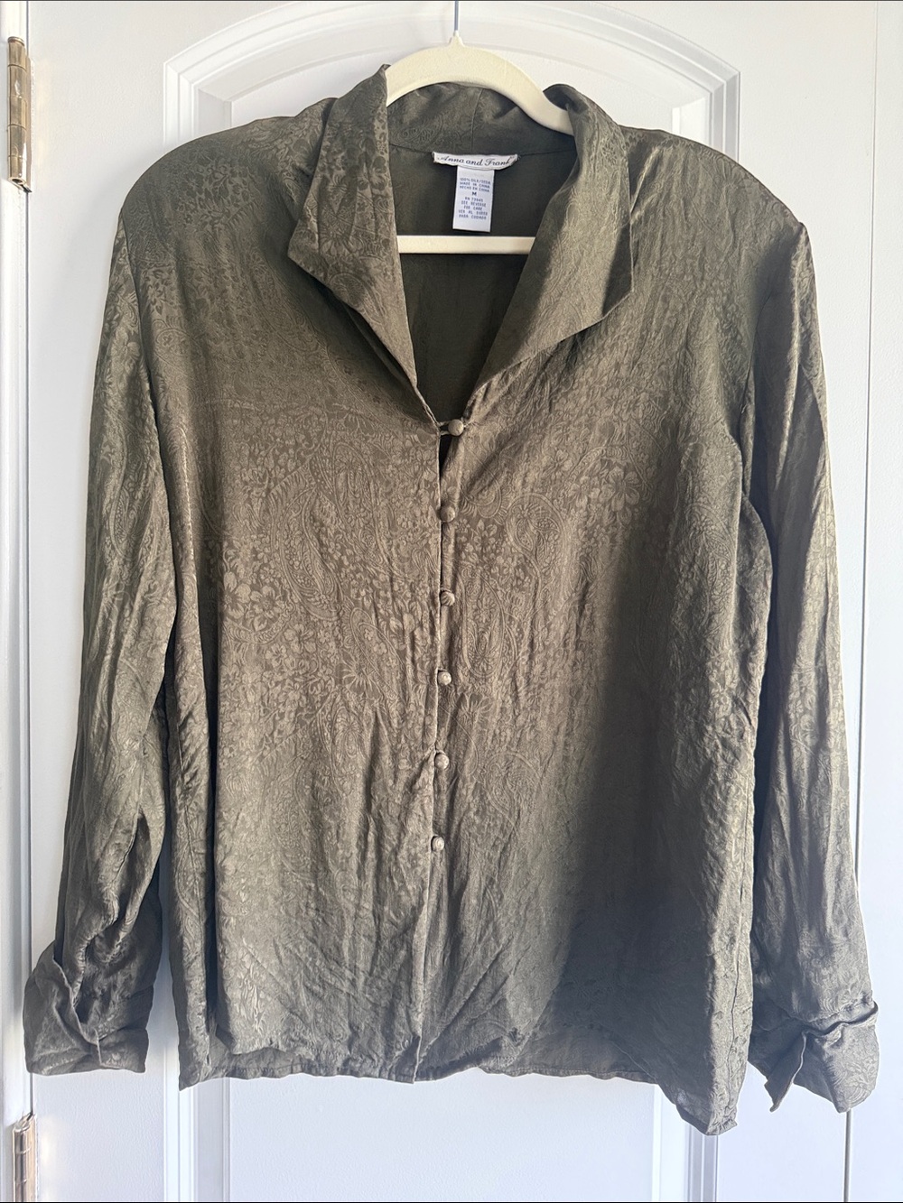 VTG Anna & Frank 100% Silk Olive Button-Front Jacquard Blouse, M, please read! - Picture 5 of 13